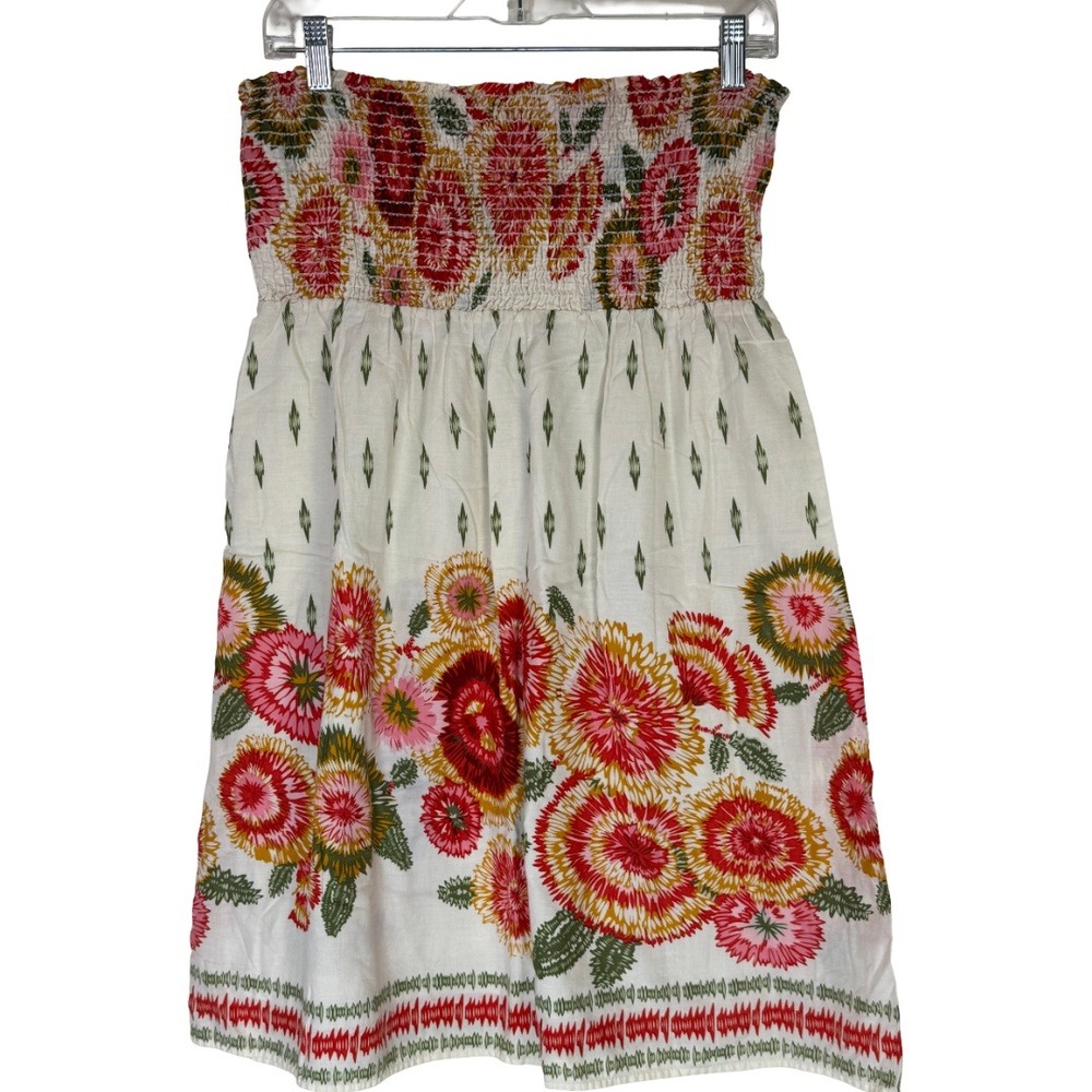 Twenty-One Strapless Dress Womens Large White Floral Smocked Bodice Mini Cotton